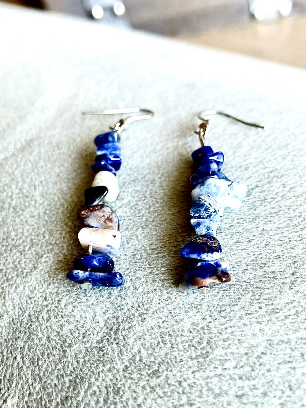 Handmade Blue Chip Stone Dangle Earrings - Picture 4 of 8